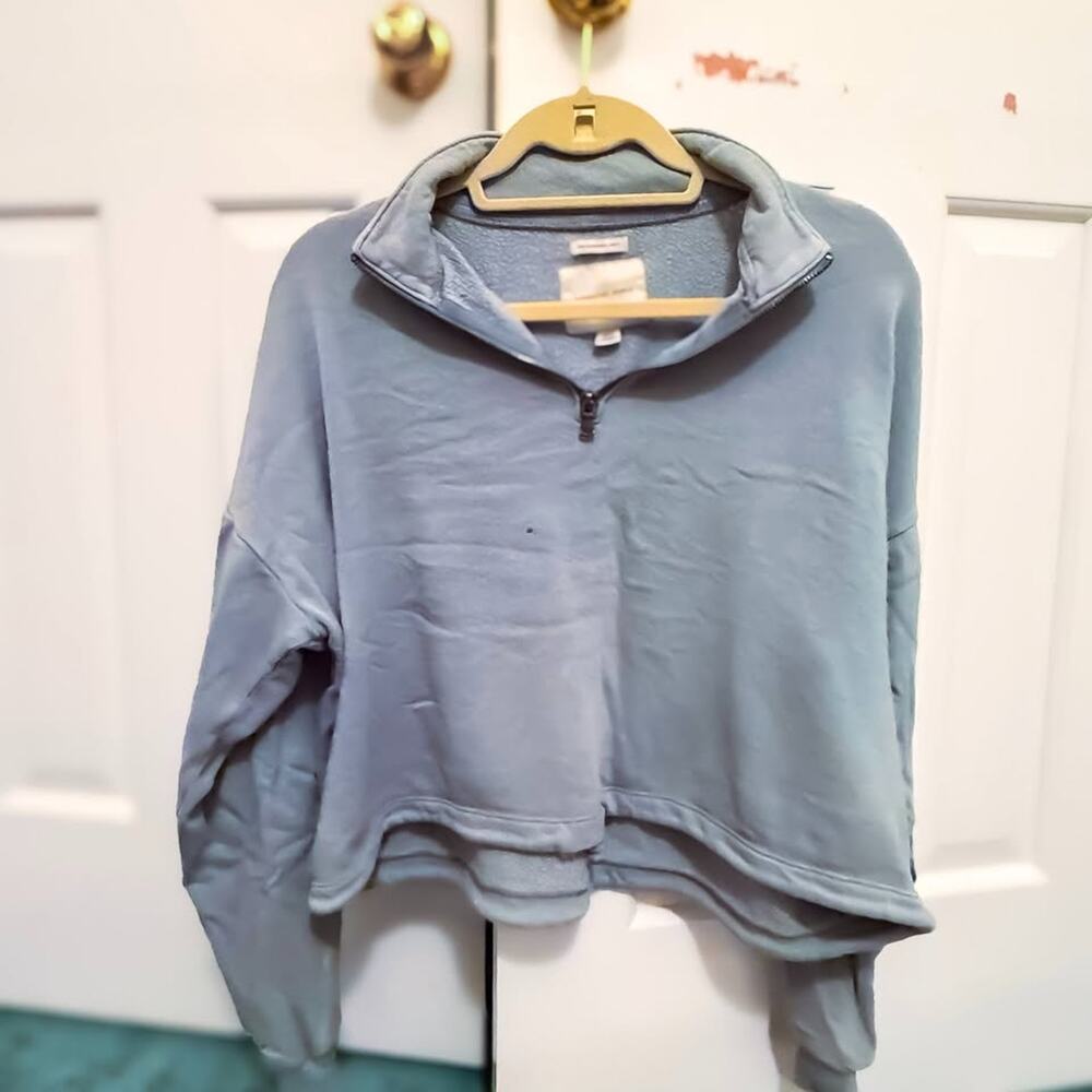 American Eagle Dusty Blue Green Cropped Quarter-Zip Pullover Women's Size Small